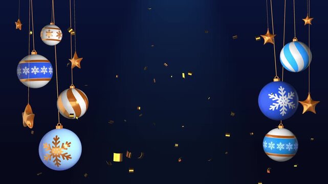 3D Christmas Decoration Baubles and Golden Stars Hanging Border with Confetti Falling on Dark Blue Background Seamless Loop