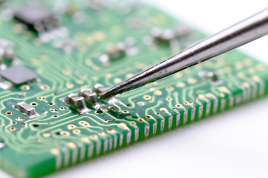 A close up photograph showcases a green printed circuit board undergoing precise electronic component repair