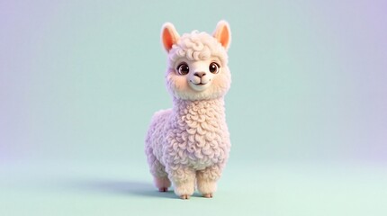 Fototapeta premium Adorable fluffy baby alpaca standing with big dark eyes and soft wool in studio light setting