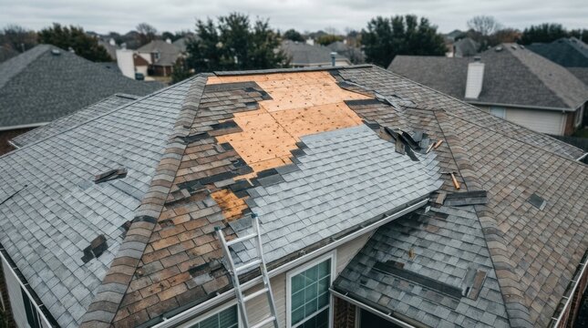 Torn asphalt shingles exposing wooden roof deck during residential rooftop repair with ladder against the eave.
