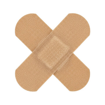 Two brown adhesive bandages crossed to form an x shape isolated on white background