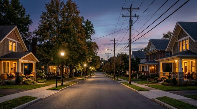 Suburban Street at Dusk with Warmly Lit Houses and Streetlights