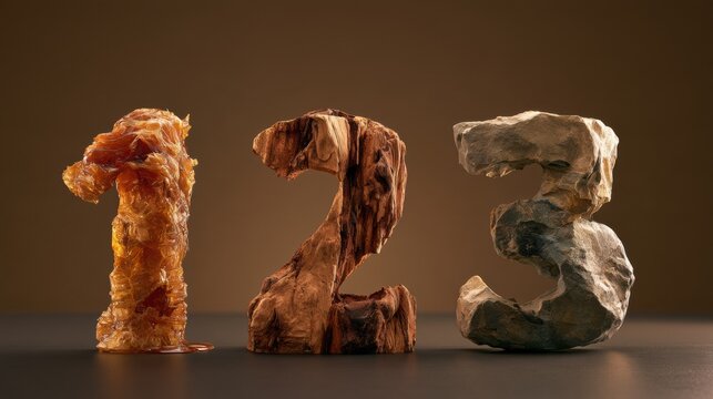 Numbers one two and three are made from honey wood and stone arranged on a dark surface with warm lighting in a studio setting