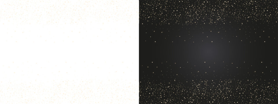 Golden glitter frame with sparkling particles along the top and bottom, shown on transparent and dark backgrounds with central copy space