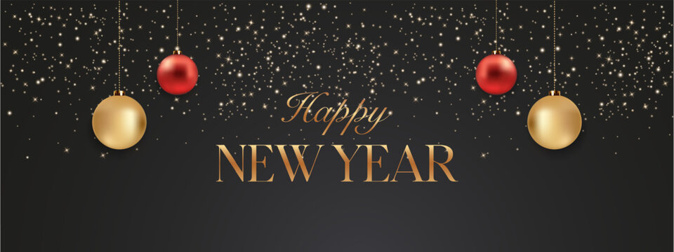 Elegant Happy New Year banner with red and gold hanging ornaments, glowing glitter and festive typography on a luxurious dark background