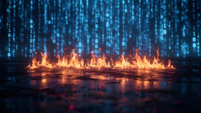 Glowing orange fire flames dancing intensely upon a dark wet surface while digital blue binary code cascades beautifully in the deep blurred dark background setting
