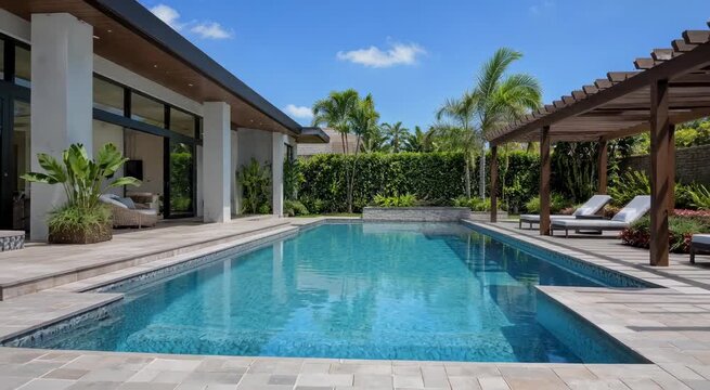 Modern tropical backyard with a luxurious swimming pool, pergola, lounge chairs, raised spa, and lush palm landscaping for resort-style outdoor living