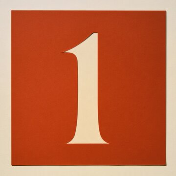 This artwork features the number 1 created using negative space in a terracotta block, presenting a bold graphic design.