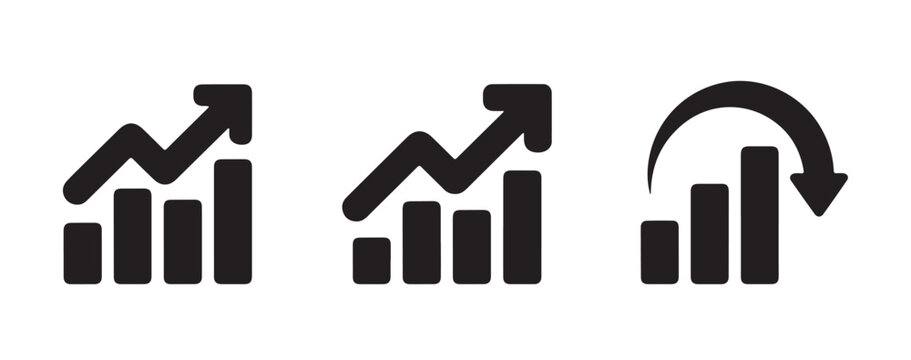 Set of business chart icons featuring rising growth patterns and downward return arrow for investment.