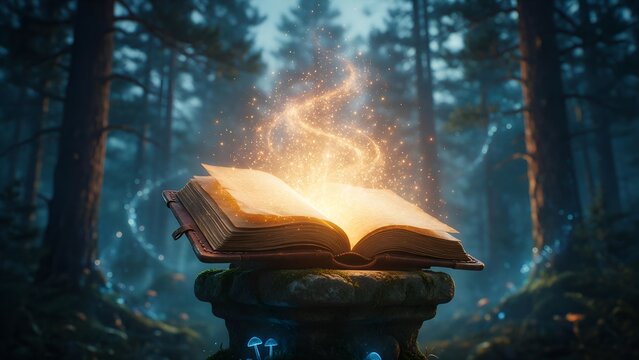 Enchanted open book resting upon a mossy stone altar emits glowing magical golden light sparkles within a mystical dark forest setting during a quiet evening