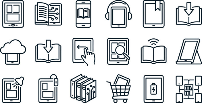 E-Book Reader and Digital Library Icons Electronic Tablet E-Reader Circuit Board Book Mobile Reading Smartphone Audio Book Headset Bookmark Download Book Cloud Library Touch