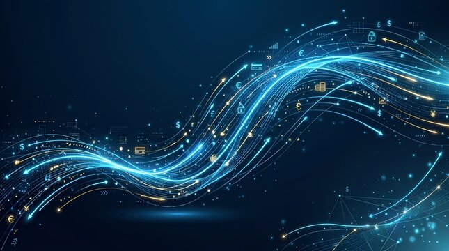 Abstract digital wave with glowing binary code and futuristic data flow.