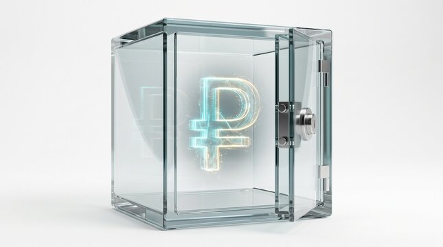 Glass Safe with Levitating Digital Ruble Isolated on White Background