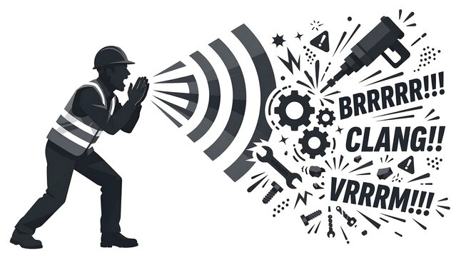 Construction worker shouting with sound effects white background.