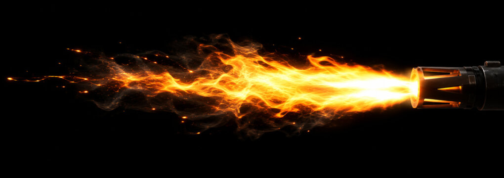 Beam bright fire stream with orange swirling flames and glowing sparks from nozzle, on transparent background