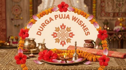 Obraz premium Durga Puja wishes decoration with floral arch, lotus symbol, puja items, oil lamp and bell.