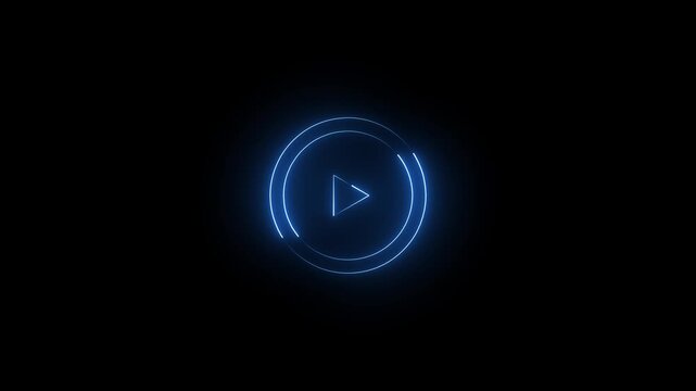 Glowing neon blue color play button icon animation music audio video media player icon on black background.4k video