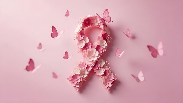 Breast cancer awareness ribbon crafted from delicate pink paper flowers and surrounded by floating butterfly silhouettes on a soft pastel background for global solidarity events