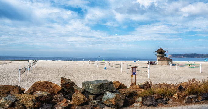 A lifeguard and monitoring station on Coronado Beach, San Diego, on a bright, sunny morning.