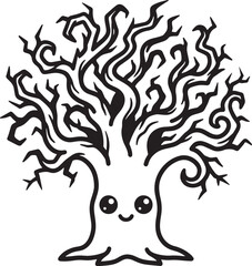 Fototapeta premium Cute cartoon tree character with a happy smiling face and swirling branches in a simple black and white line art drawing style