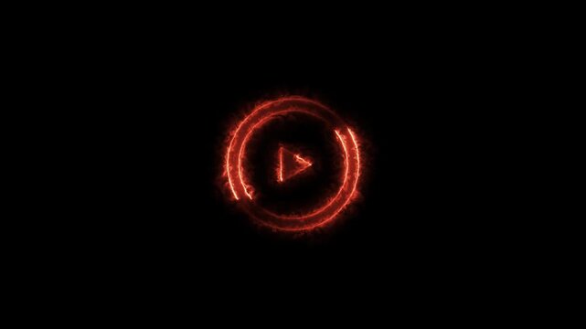 Glowing neon blue color play button icon animation music audio video media player icon on black background.4k video