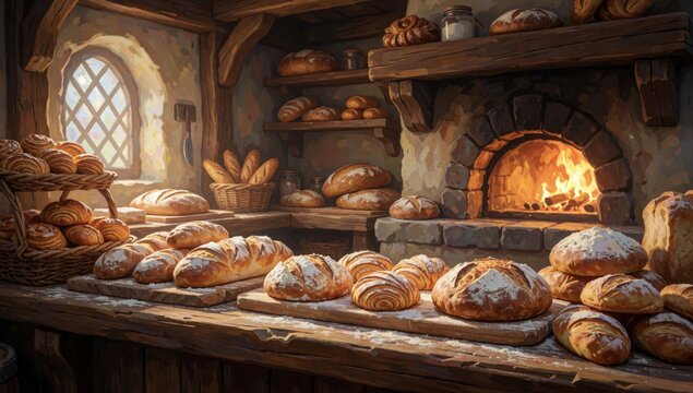 Digital illustration bakery counter various types bread made wood has stone fireplace right side left there se