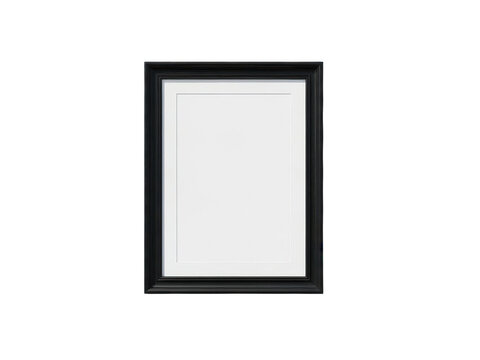Empty black picture frame on a plain wall isolated on transparent background