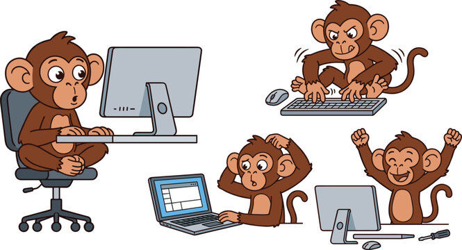 Funny Monkey Office Worker Character Set Using Computer Typing on Keyboard and Celebrating Success Vector Cartoon Illustration