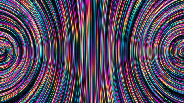Vibrant, swirling lines create a mesmerizing tunnel effect with bold colors like pink, blue, and green.