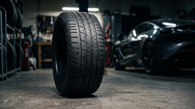 Close-up of a used car tire standing upright in a garage with luxury sports cars in the background for automotive maintenance