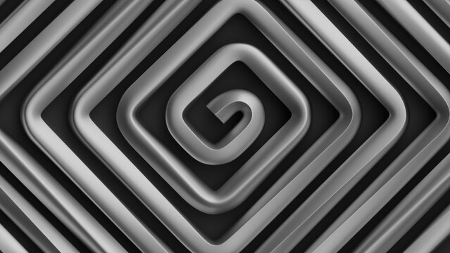 Diagonal silver metal tubes arranged in a square spiral. Geometric abstract 3D texture with a strong sense of depth.