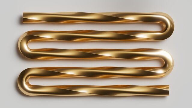 Continuous gold metal tube forming a U-shape pattern. Minimalist abstract 3D design with a luxury finish.