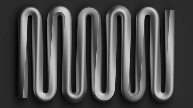 Continuous silver metal tube forming a U shape pattern. Minimalist abstract 3D design with soft lighting.