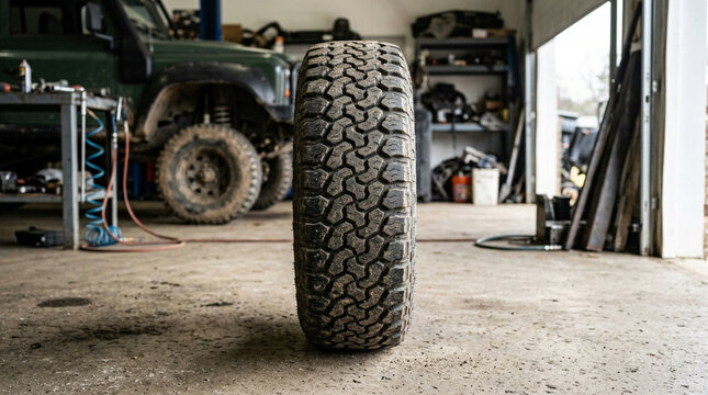 Close-up view of a rugged off-road vehicle tire indoors in a garage or workshop setting with tools and equipment in the background