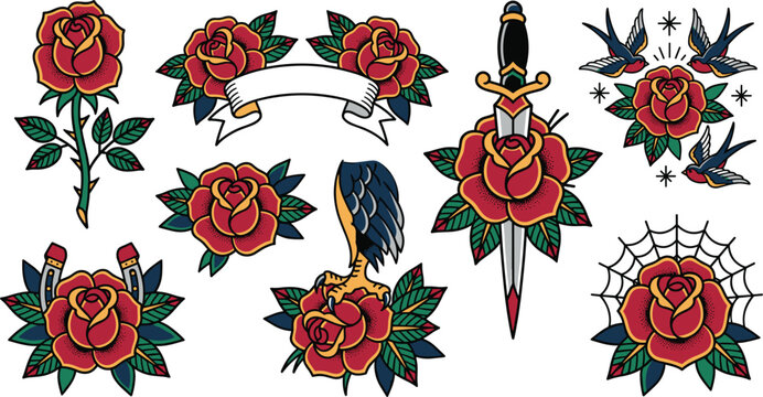 Traditional Old School Tattoo Red Rose Flash Set with Dagger Swallow Ribbon Eagle Claw Horseshoe and Cobweb Vector Illustration