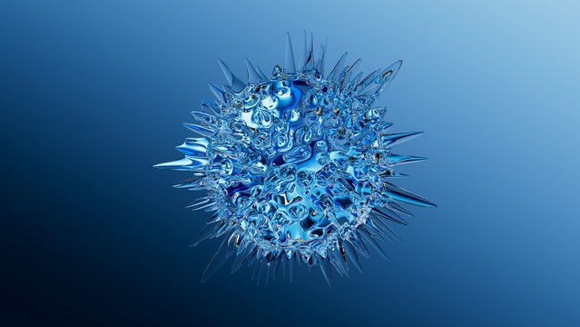 A spiky blue sphere floats against a gradient blue background, showcasing intricate textures and sharp protrusions. 3d render illustration.