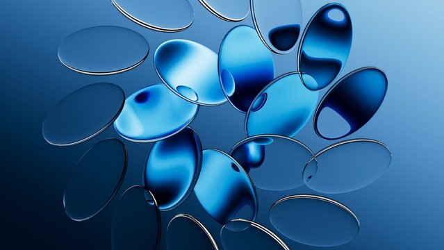 3d rendered round glass shapes, with a reflective surface, float on air. Futuristic abstract background featuring blue lenses. Modern aesthetic concept