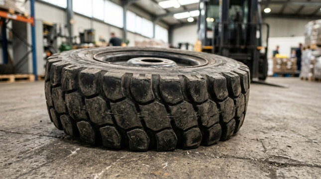 Heavy-duty industrial rubber tire resting on concrete floor inside a warehouse environment with machinery and workers in the