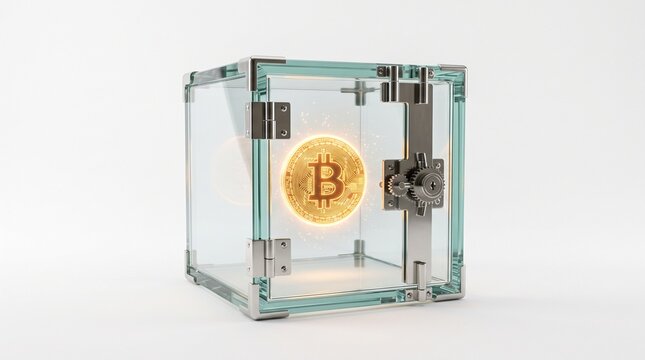 Crystal Vault with Floating Bitcoin Symbol Isolated on White Background