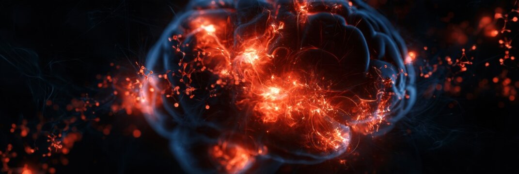 A wide panoramic view shows an abstract brain with glowing activity in the prefrontal cortex and memory centers.
