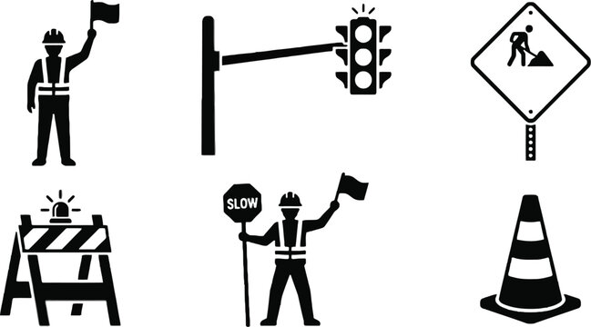 Road Construction Safety Icon Set, Flagman holding Waving Flag, Traffic Light, Slow Sign, Road Cone, Barricade, and Roadwork Ahead Warning Sign Vector Glyph Icons Isolated on White Background
