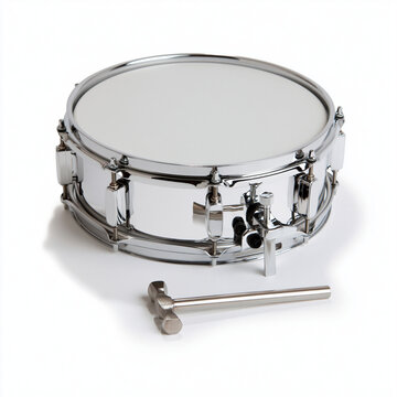 Close-up of a shiny chrome snare drum and drumstick