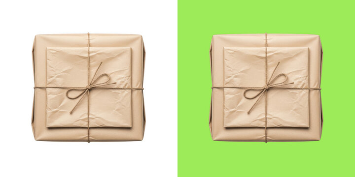 Two brown paper gift boxes tied with twine