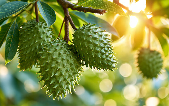 Clusters of green spiky soursop fruits grow on tree branches in tropical garden. Fresh organic fruit hangs from branches under bright morning