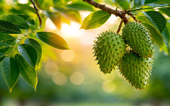Clusters of green spiky soursop fruits grow on tree branches in tropical garden. Fresh organic fruit hangs from branches under bright morning