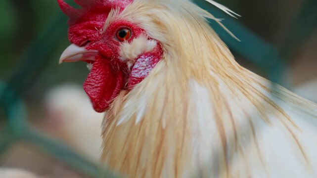 Close-up detail of white rooster head and red comb