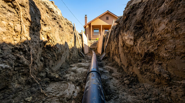 Underground Utility Water Pipe Installed In Deep Earth Trench | Water Pipe Laying In Dirt Trench Near Residential House | Plumbing Utility Trench With Black Water Pipe Installation