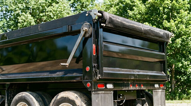 Close Up Of Heavy Duty Black Dump Truck Trailer Bed | Black Dump Truck Trailer With Roll Up Tarp Cover | Industrial Black Heavy Duty Dump Trailer Exterior