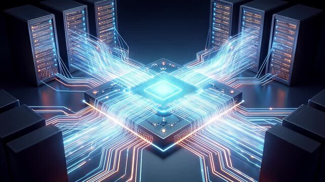 Central processor unit with glowing data streams connecting to server racks. High-tech computer hardware concept for cloud computing and data center processing. Lockdown shot.