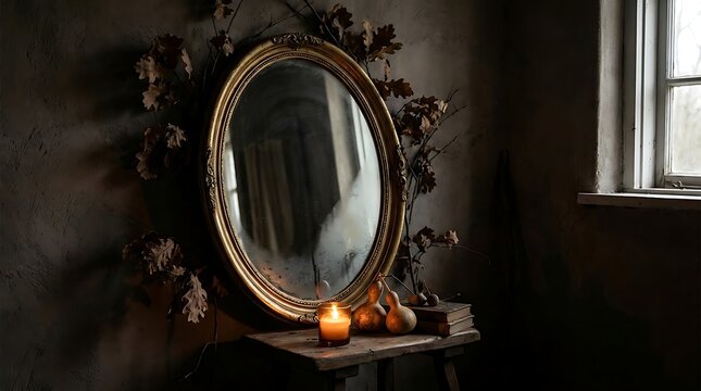 Antique oval mirror on rustic table with lit candle and gourds in dark room.